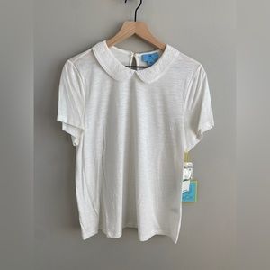 CeCe Embroidered Collar Short Sleeve Cotton Blend Top, Sz L - NWT